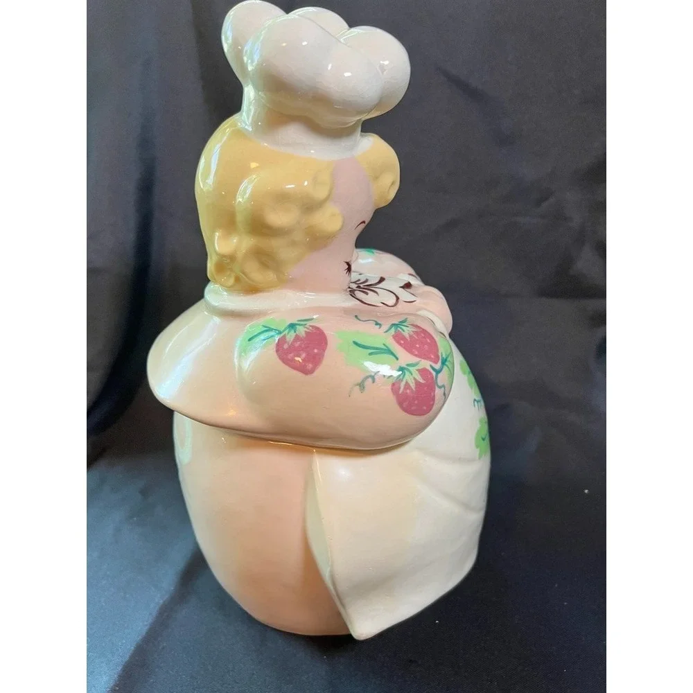 Vintage American Bisque Strawberry Girl Cookie Jar Pink Dress Hand Painted 1940s
